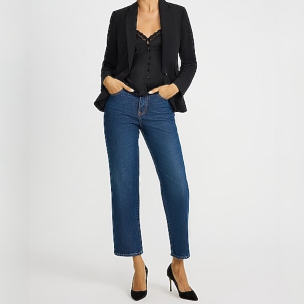 {Express} "Straight Ankle High Rise" Short Blue Relaxed Stretch Denim Jeans